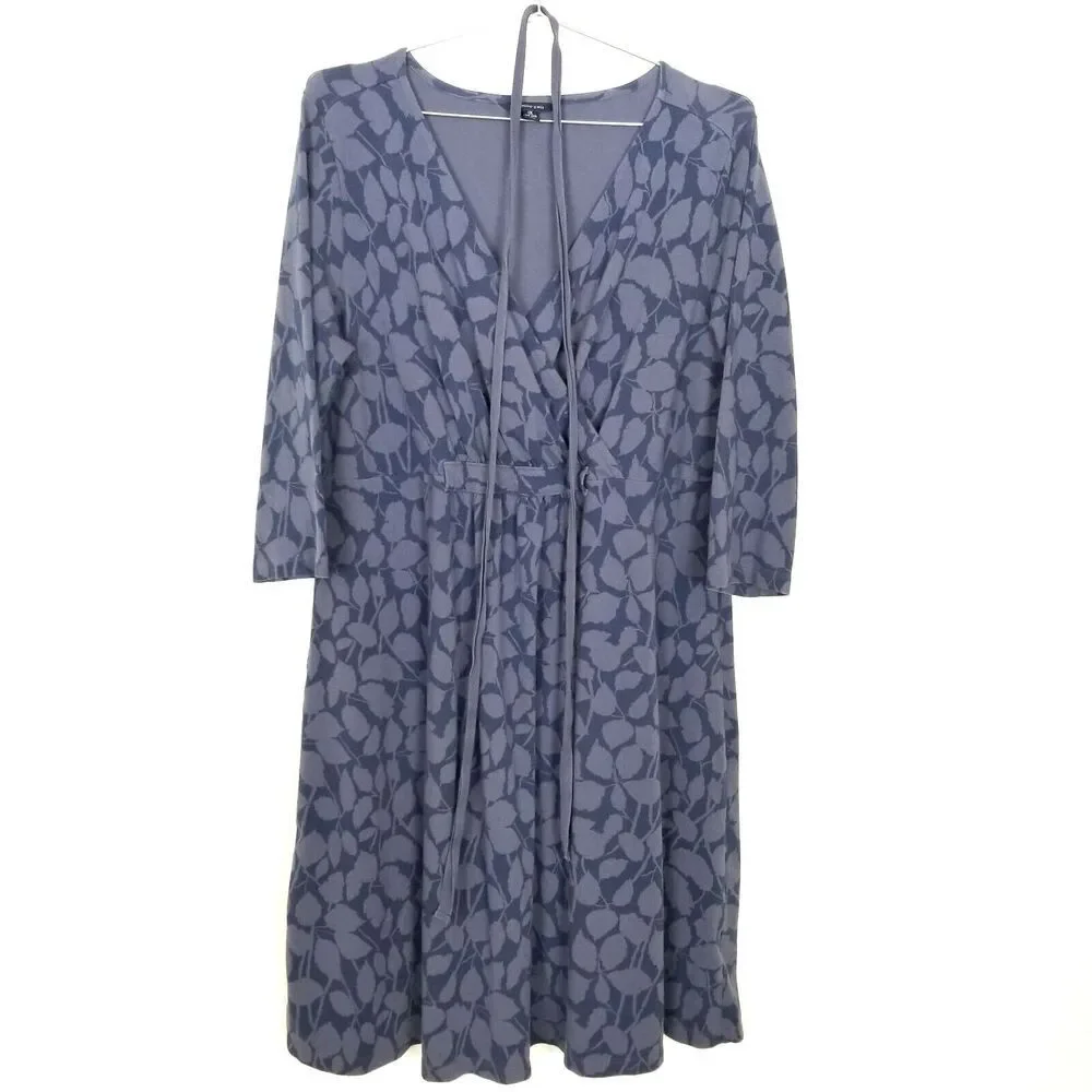 Lands‎ End women Plus Leaves Print Wrap Midi Dress Sz 1X Blue Cotton Casual
